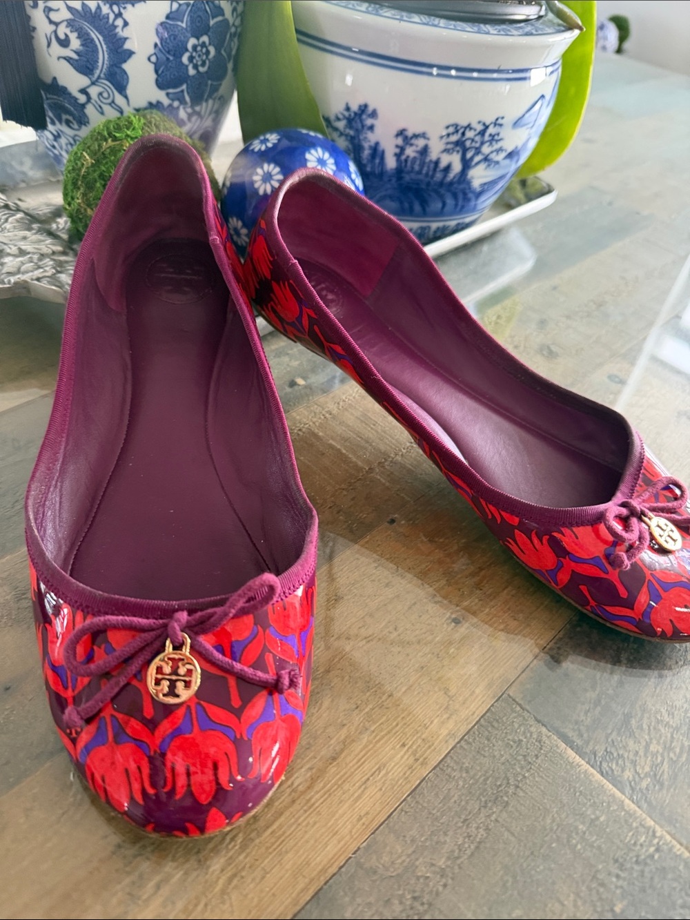 Tory Burch Burgundy and Red Floral Ballet Flats